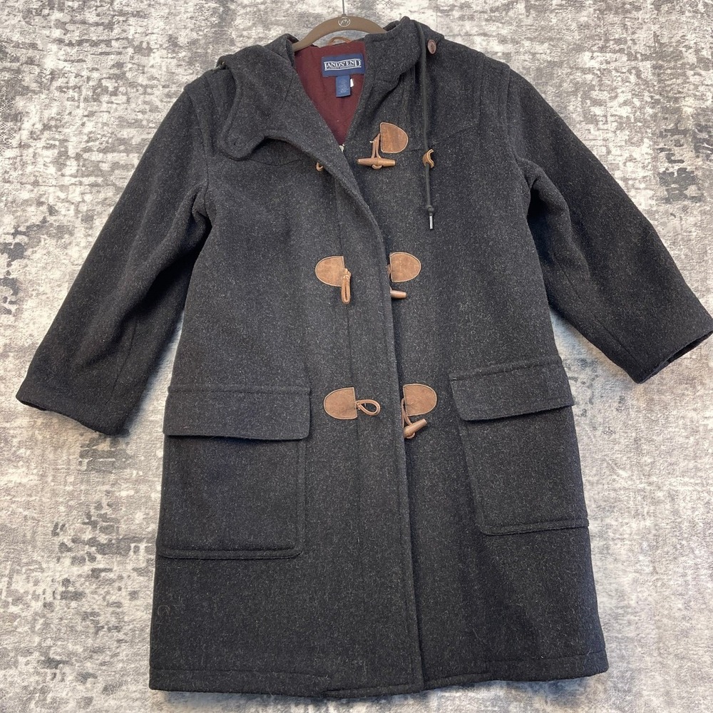 Lands End Wool Duffel Coat Womens Small Grey Toggle Hooded Winter Jacket Classic